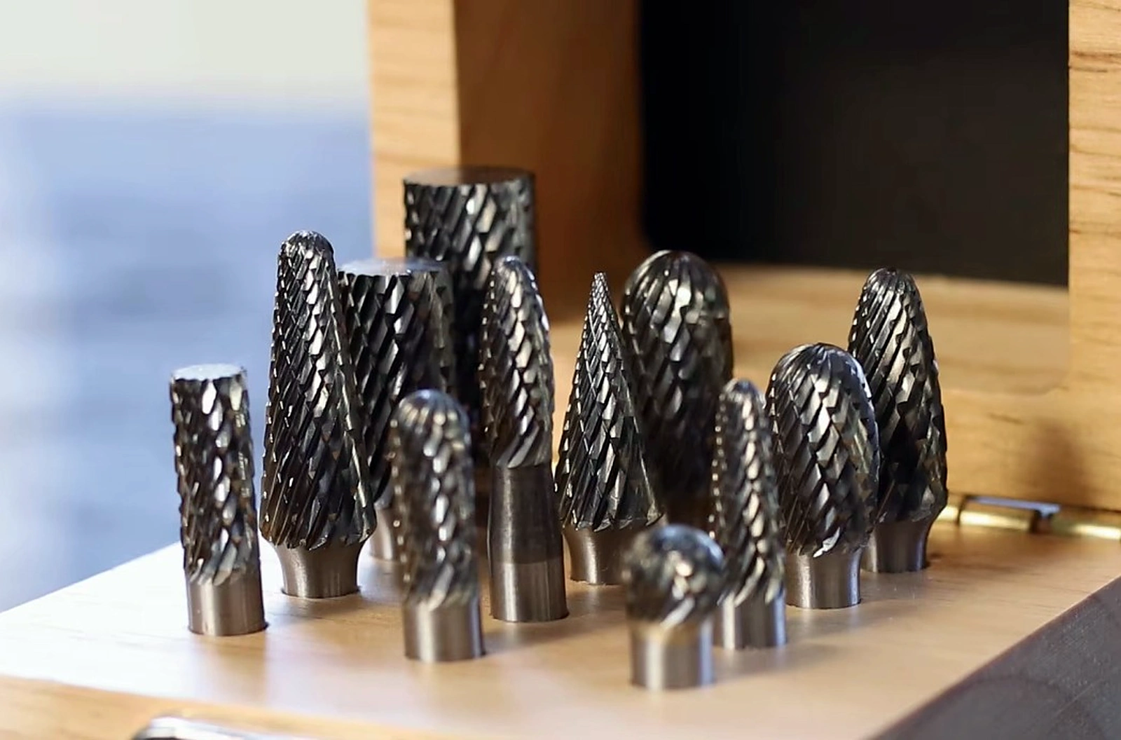 Assorted finished carbide burr heads in the supplied product library