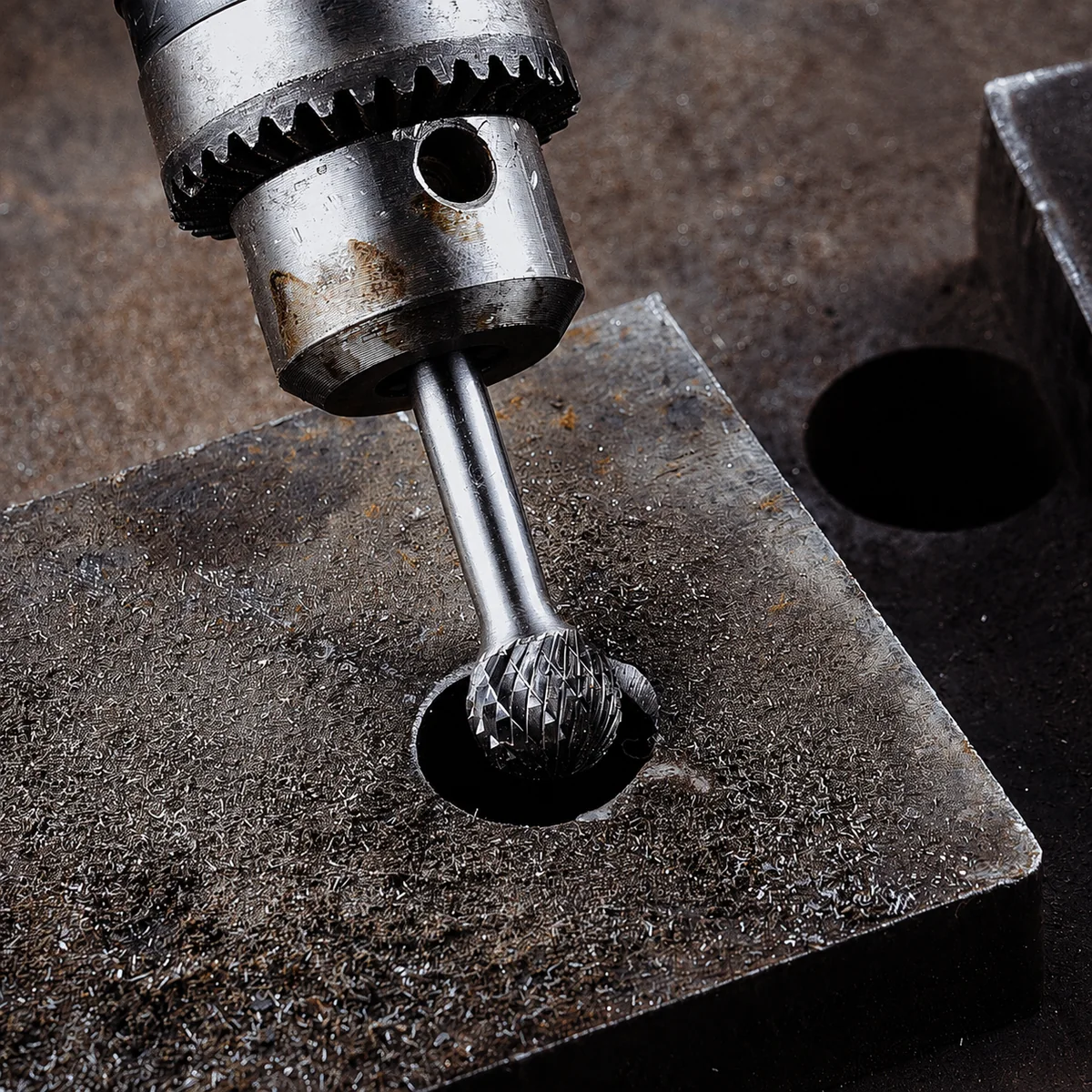 Carbide burr positioned at a metal edge as fabrication finishing context