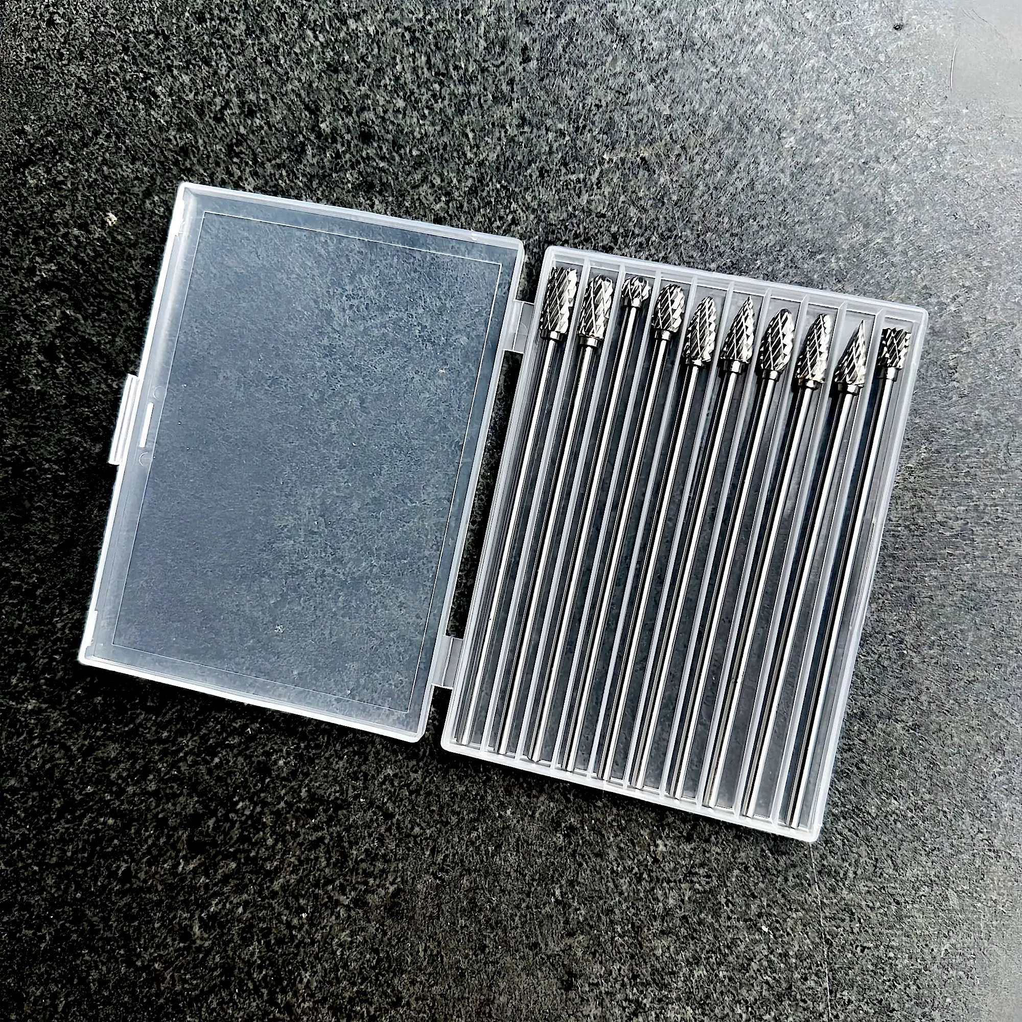 Ten-piece 100 mm long-shank carbide burr assortment for recessed-work planning
