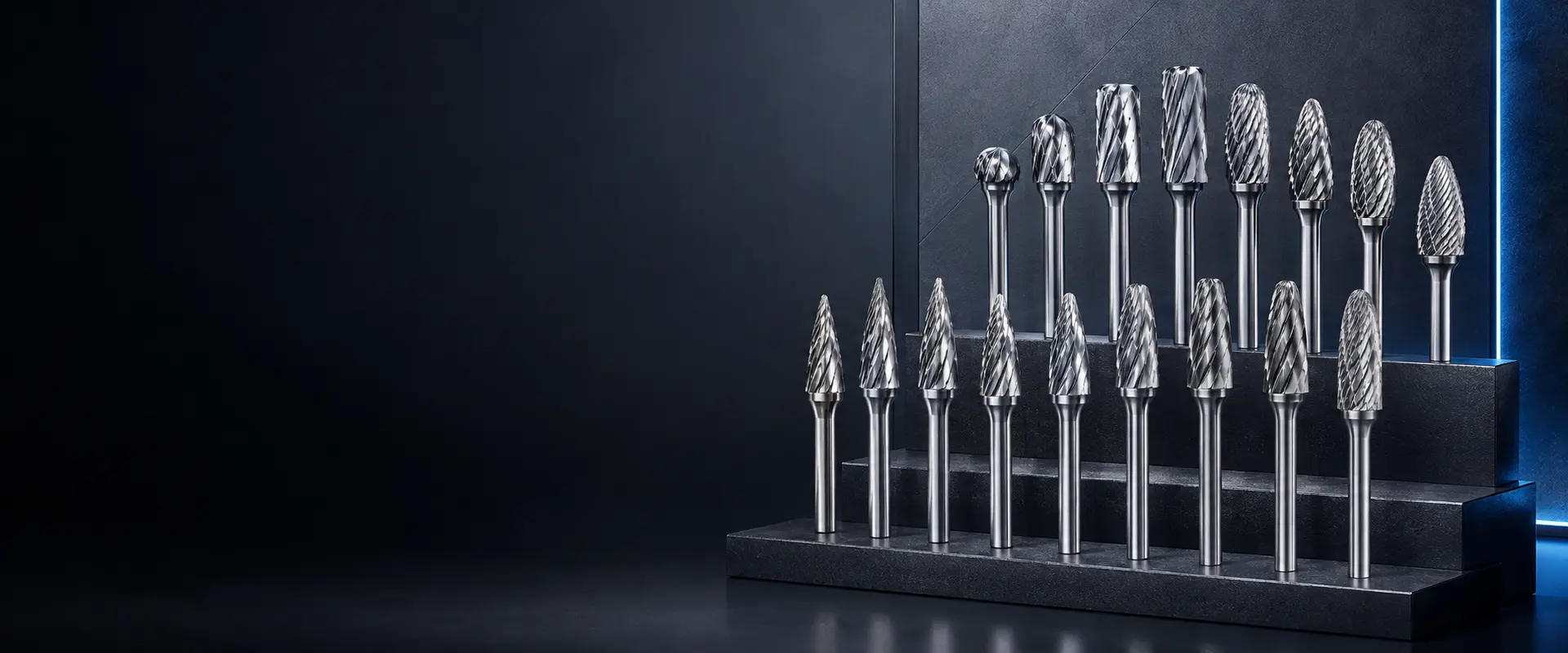 Multiple carbide burr shape families arranged on a dark industrial display