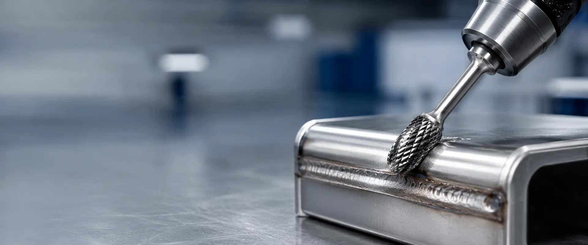 Carbide burr positioned at a fabricated metal weld in an industrial workshop