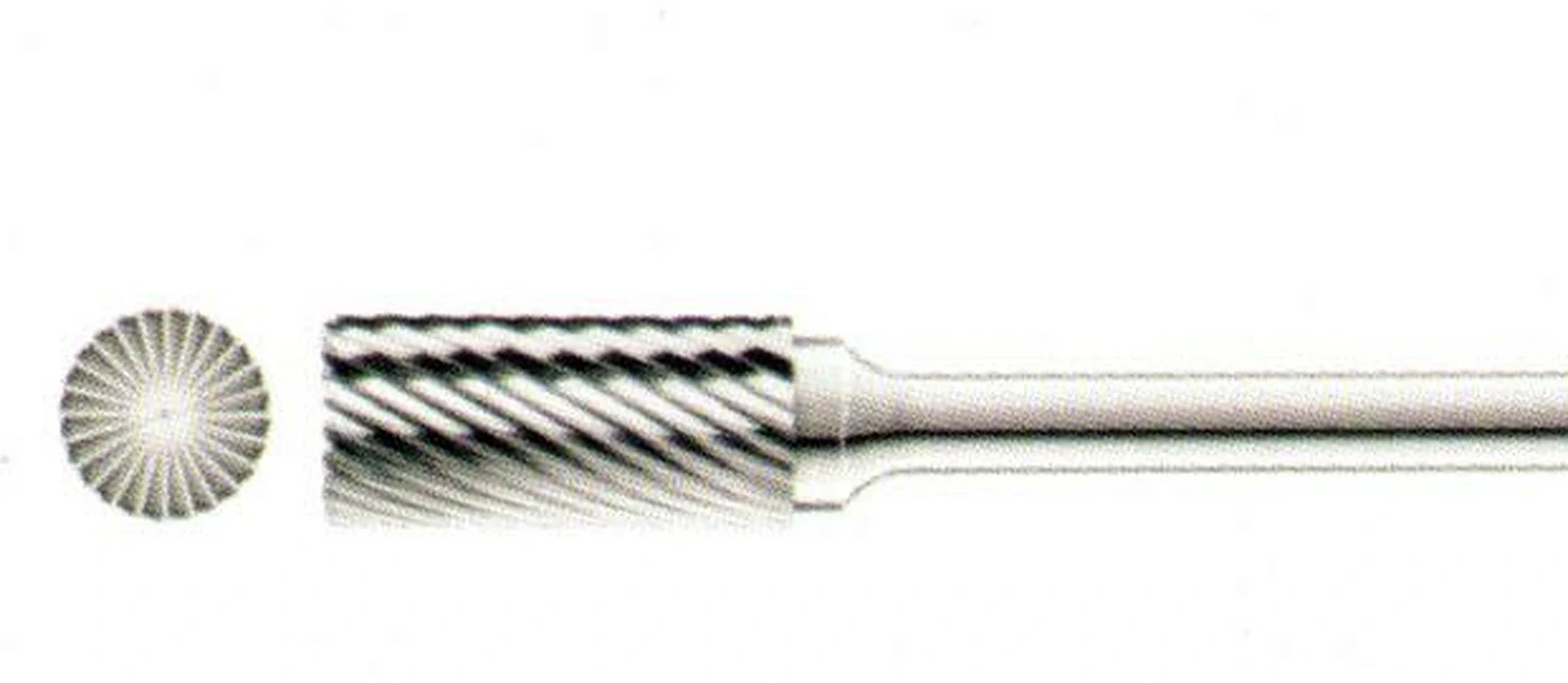 Cylindrical carbide burr with end-face cutting teeth shown beside the side view