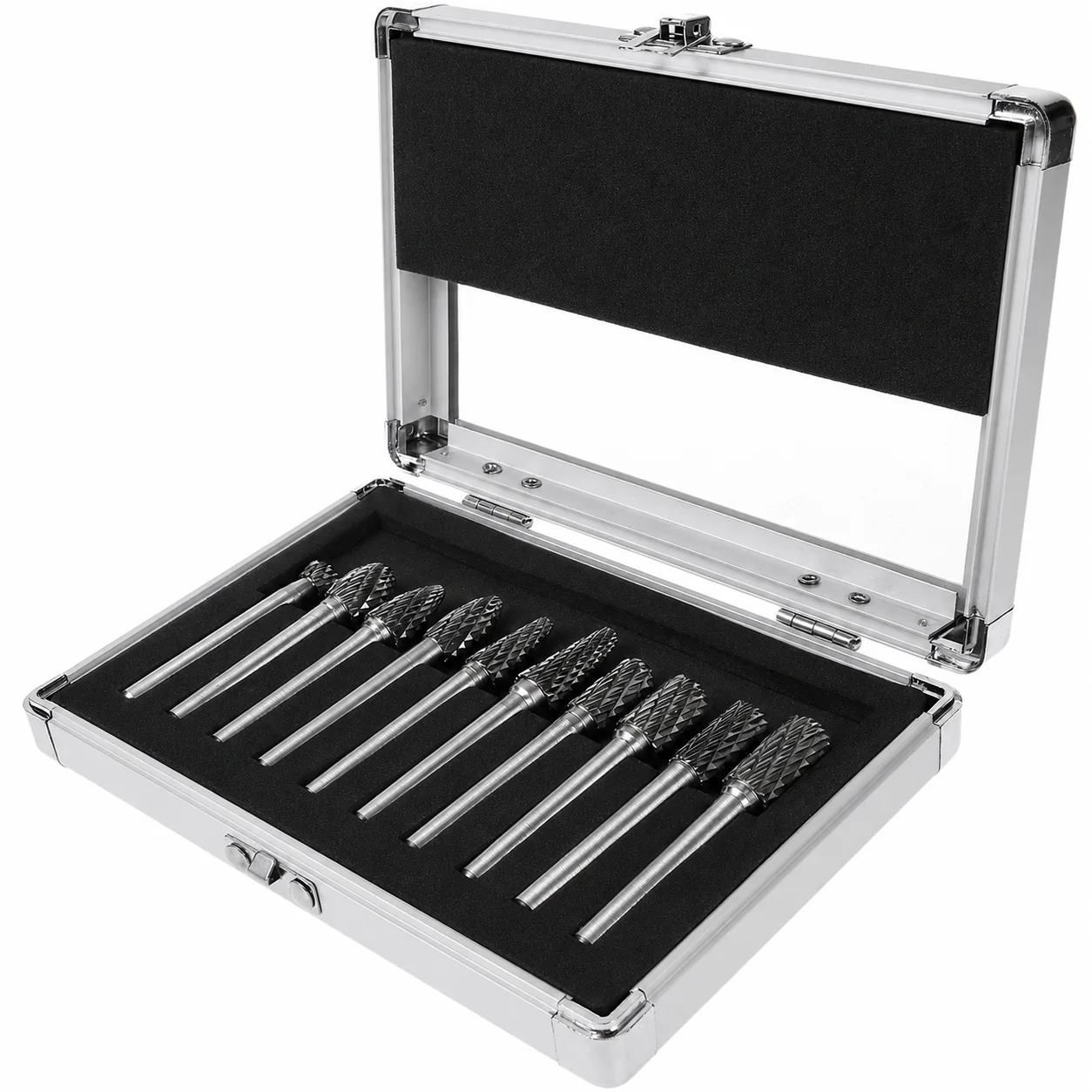 Ten double-cut carbide burrs separated in an open aluminum carrying case