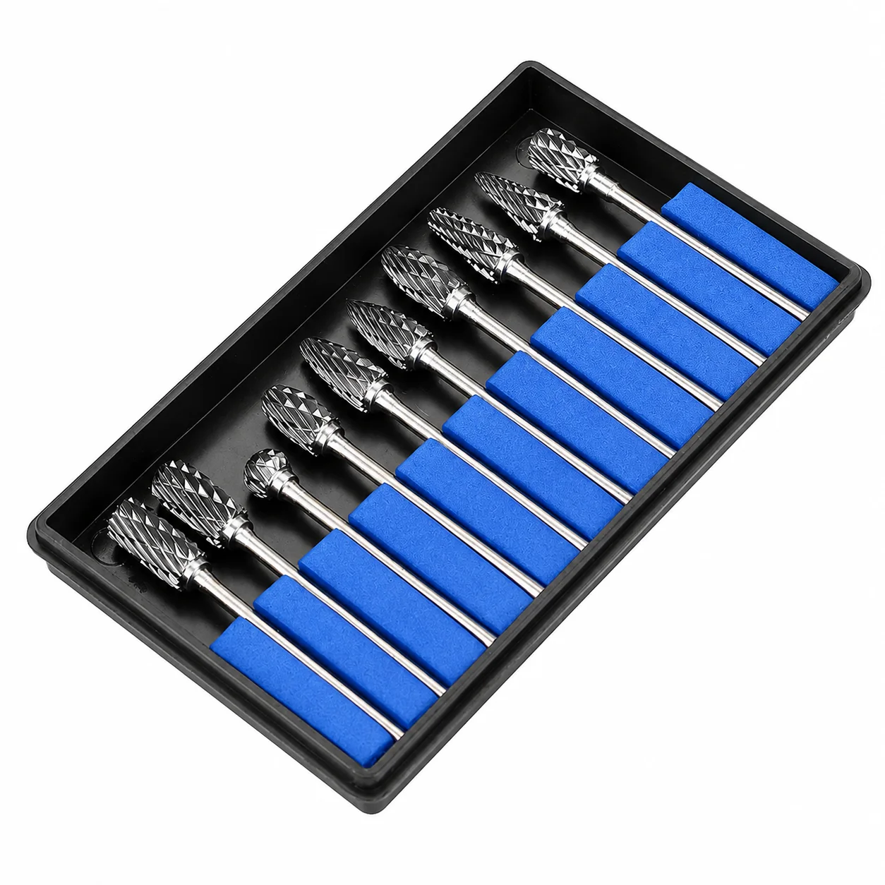 Ten double-cut carbide burrs in a black tray with blue shank inserts