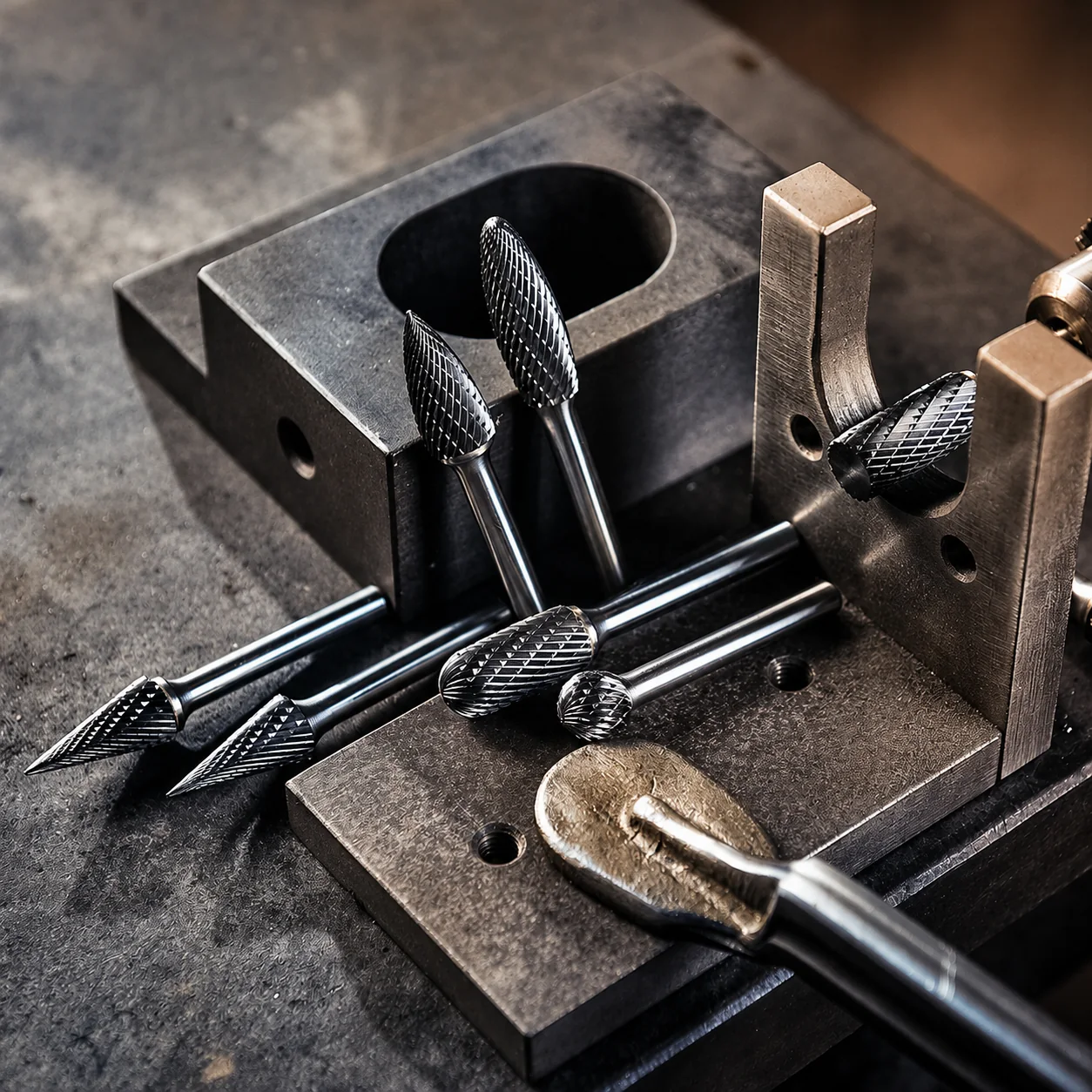 Assorted double-cut carbide burrs arranged with machined metal components