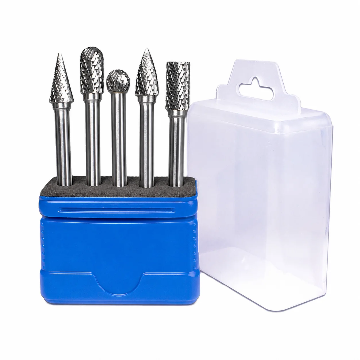 Five double-cut carbide burrs in a blue holder with a clear hanging cover