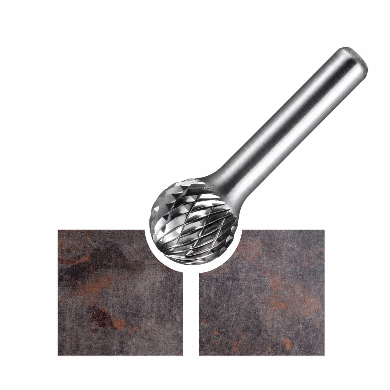 Ball-shaped double-cut carbide burr illustrating internal-radius metal finishing