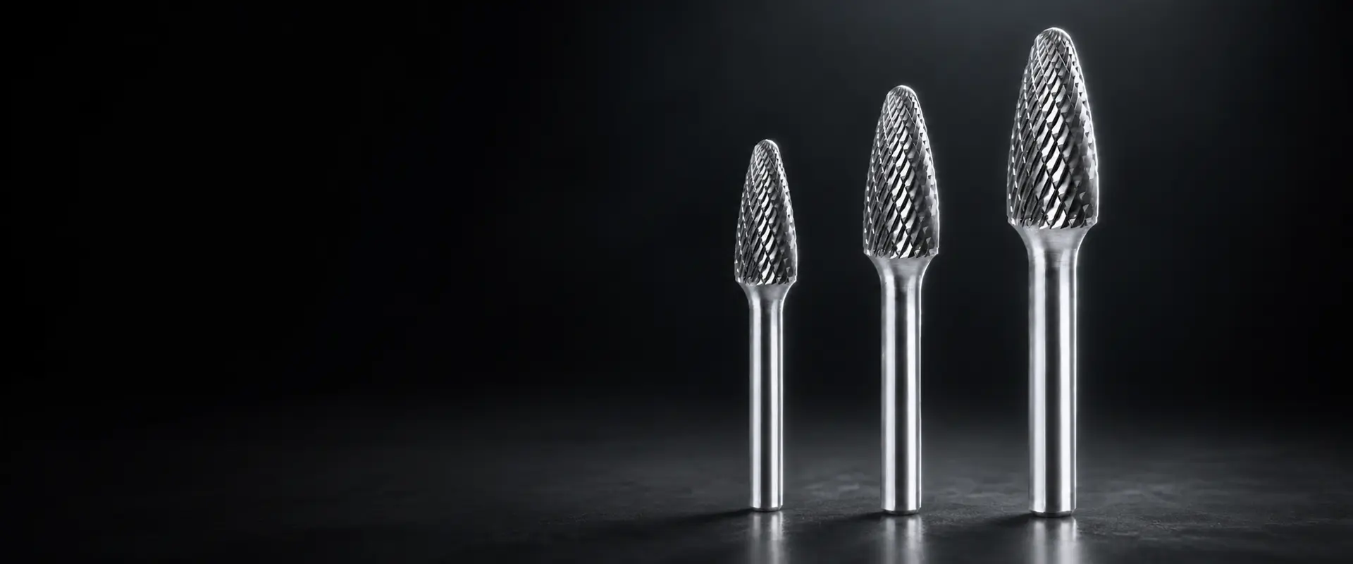 Multiple extended-shank carbide burr profiles for reach comparison