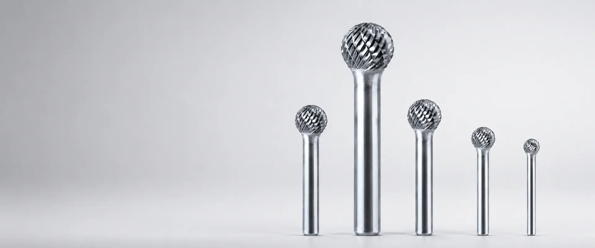 Ball-shaped carbide burrs shown with multiple extended shank lengths