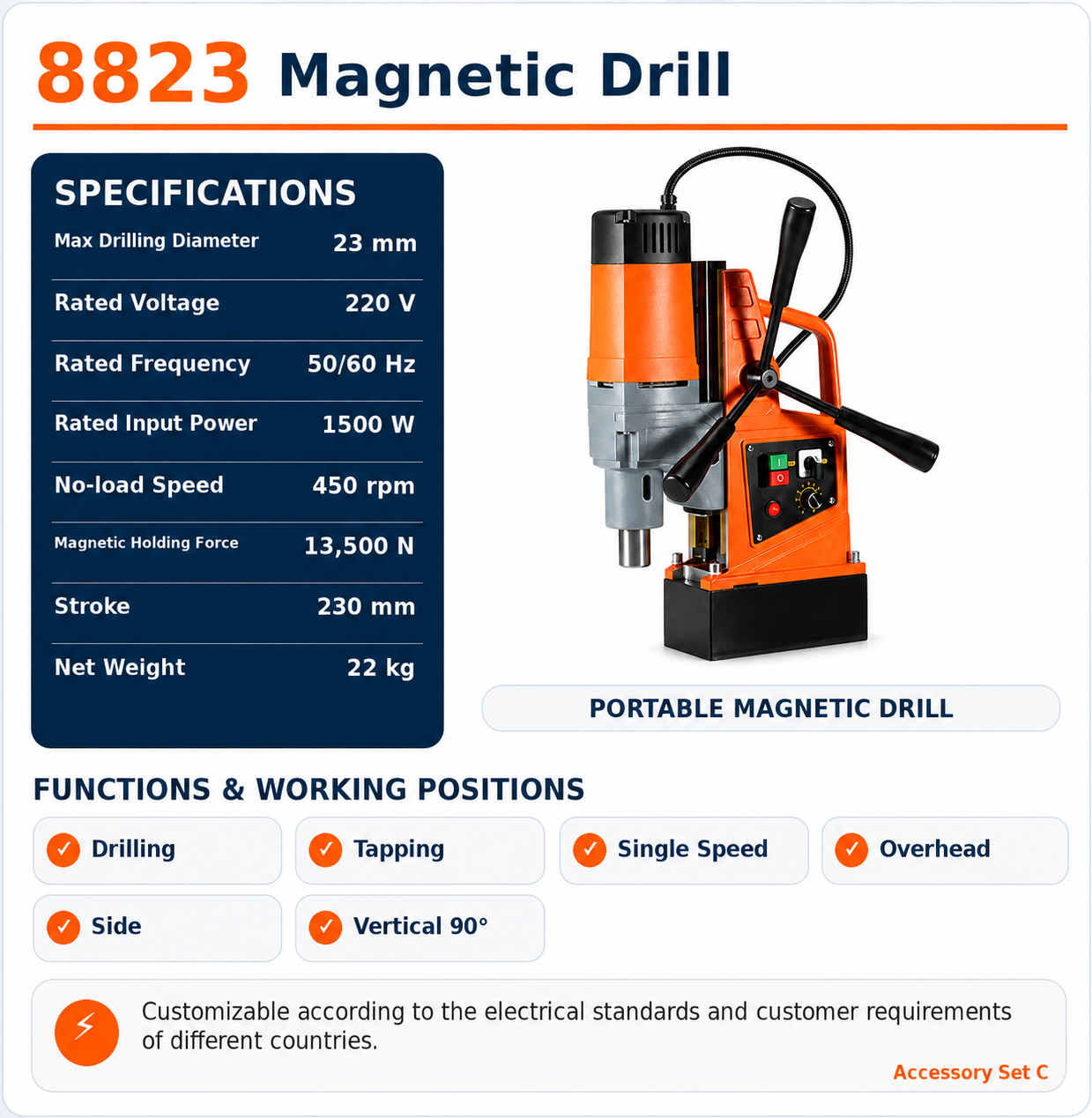 AX8823E taladro magnético de velocidad variable de 23 mm, referencia de especificaciones