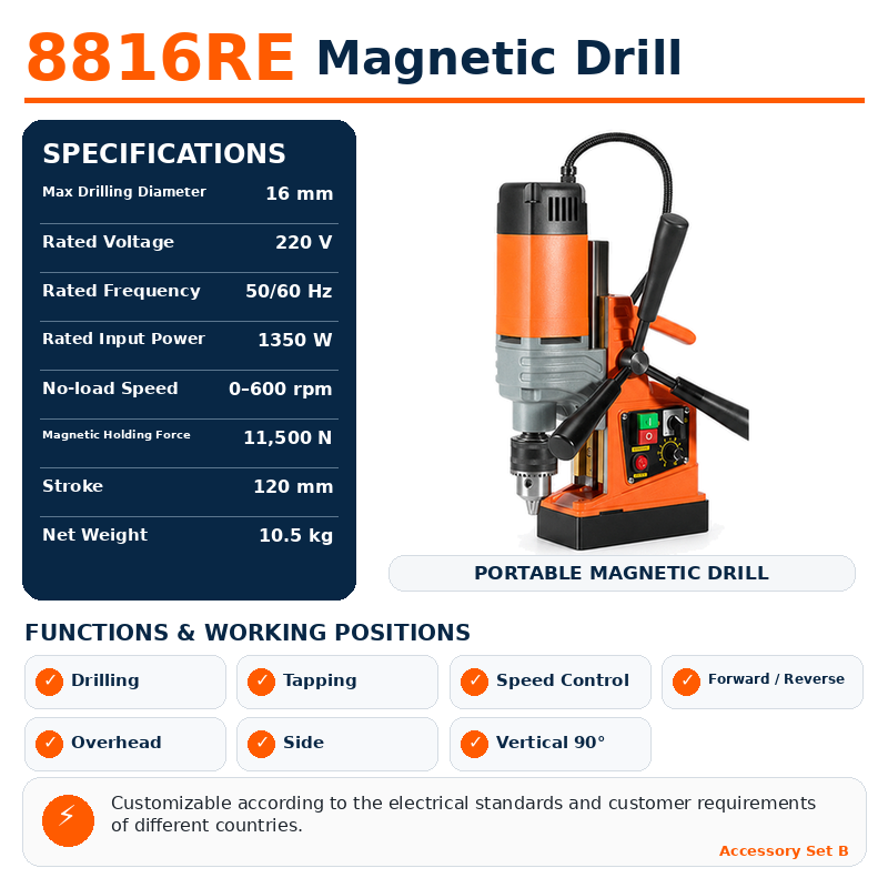AX8816RE reversible magnetic drill confirmed specification infographic
