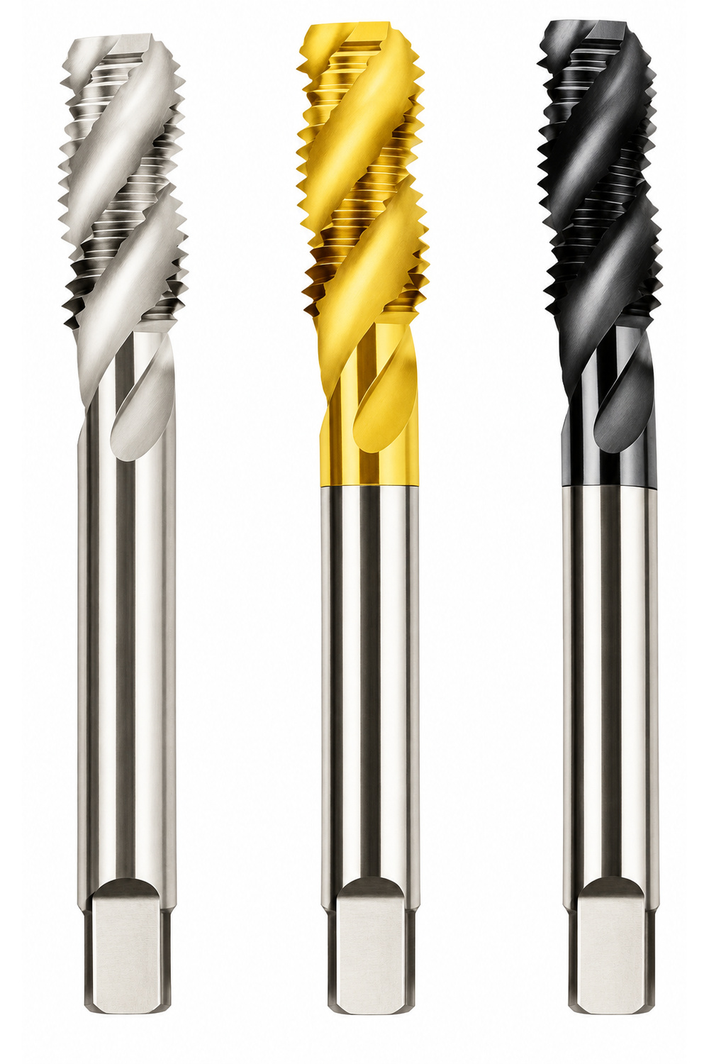 Metric spiral flute machine taps shown in three surface appearances