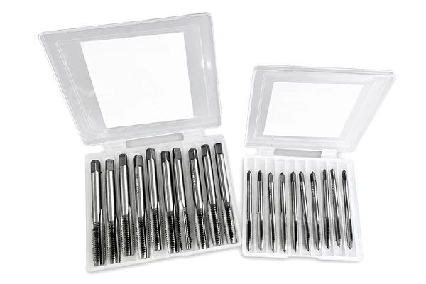 Open plastic cases containing multiple threading tools