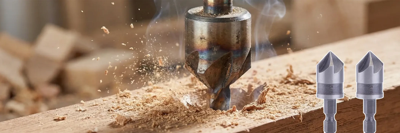 Avellanadores junto a un taladro mecanizando un asiento en madera