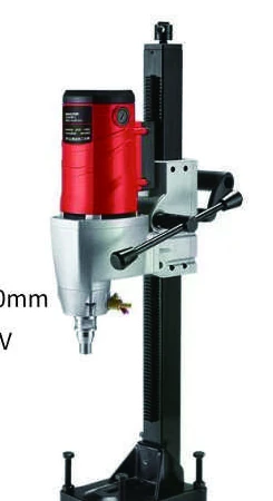 Stand-mounted diamond core drilling machine showing the motor, feed column and base