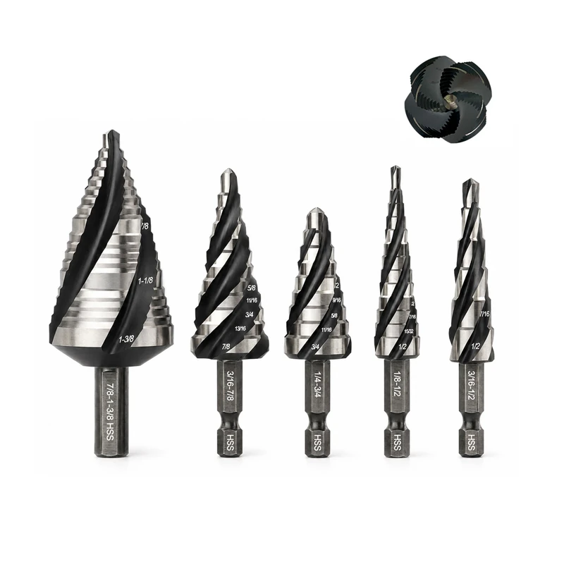 Brocas con escalones, canales helicoidales y vástagos hexagonales