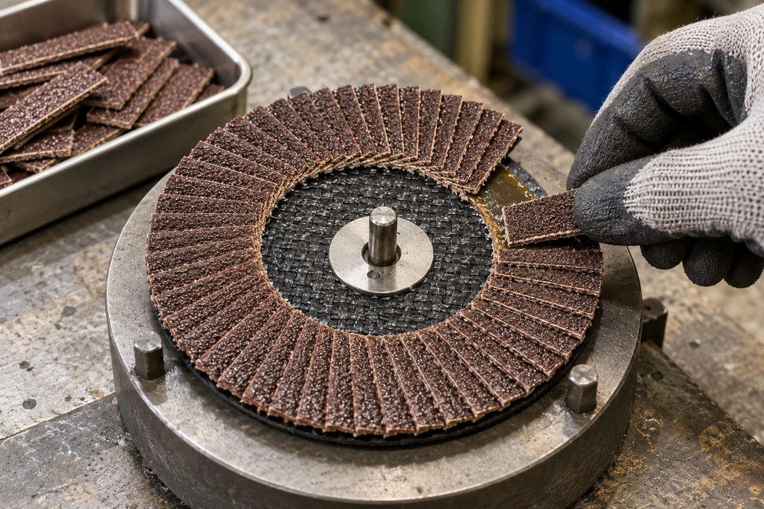 Montaje de láminas abrasivas durante fabricación