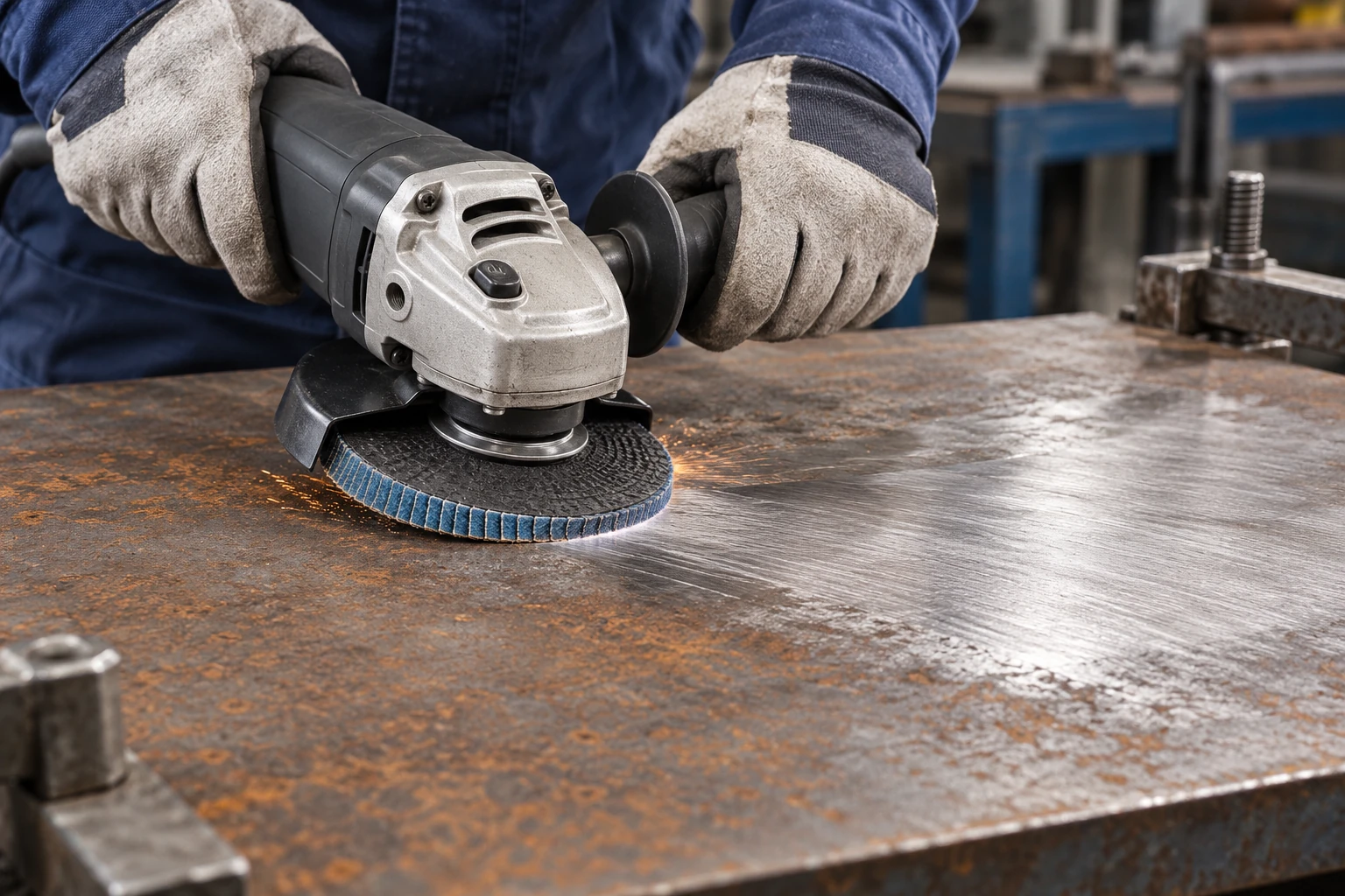 Flap disc working on a metal surface