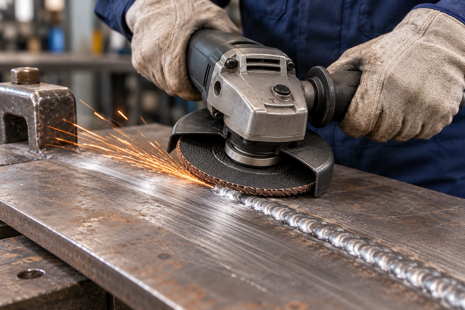 Flap disc working on a weld area