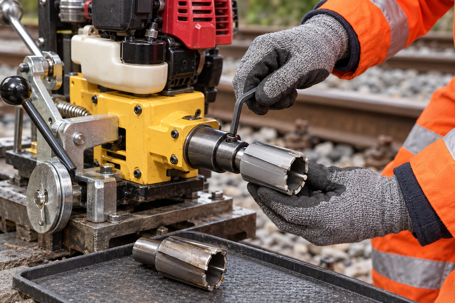 Rail drilling machine and replacement cutting tool used on a rail section