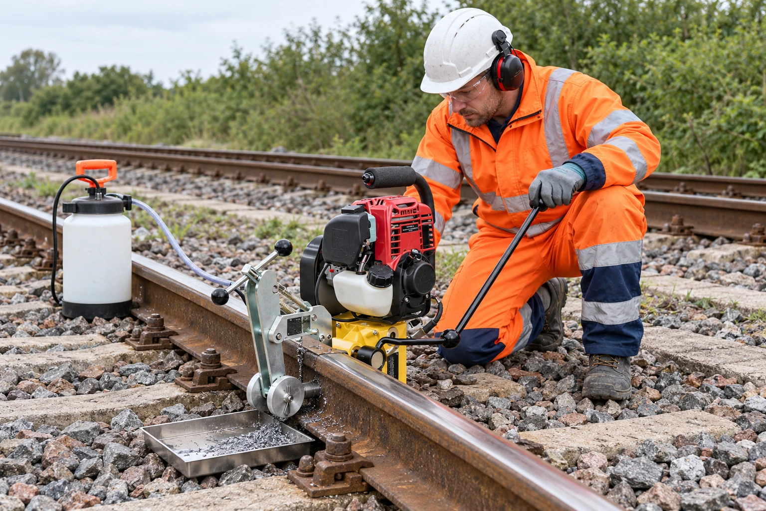 On-site rail drilling work beside railway track