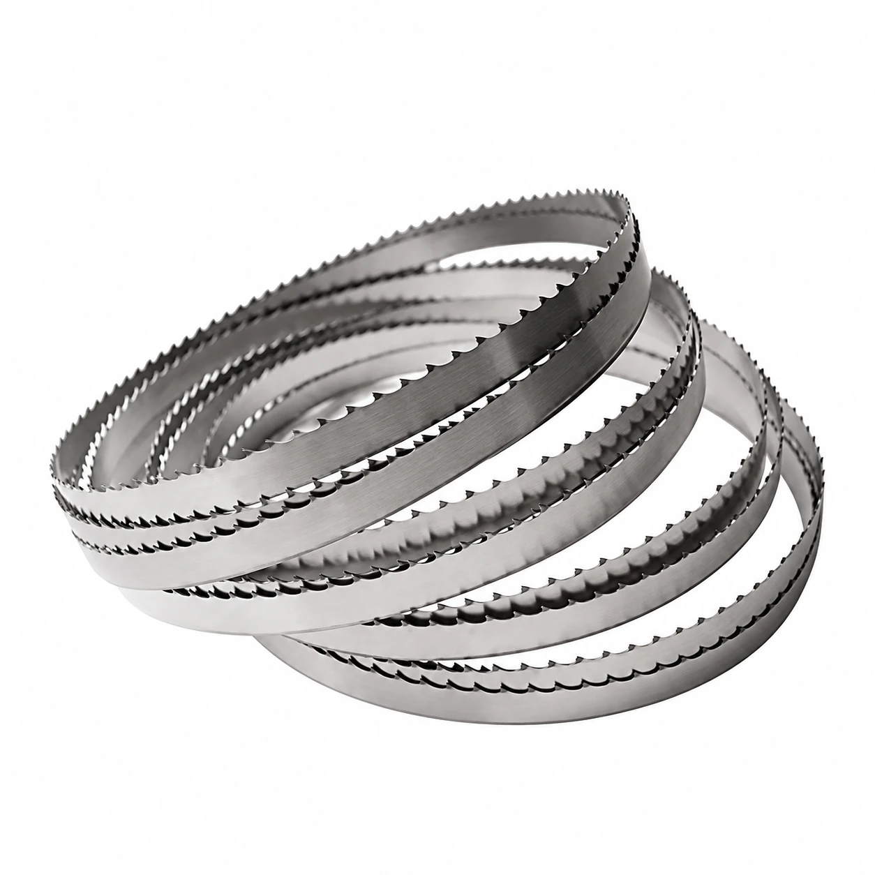 Coiled metal-cutting band saw blade with visible teeth