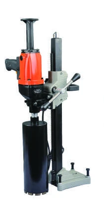 Stand-mounted diamond core drilling machine with column, feed handle and base
