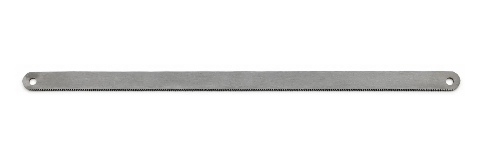 Illustration of a complete hand hacksaw blade with mounting holes at both ends